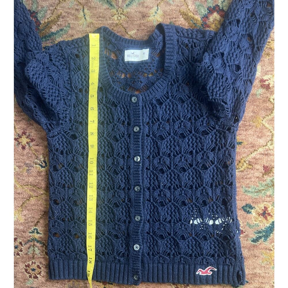 Hollister Navy Crochet Open Knit Button Front Cardigan Sweater M Y2K Coastal - Picture 9 of 9